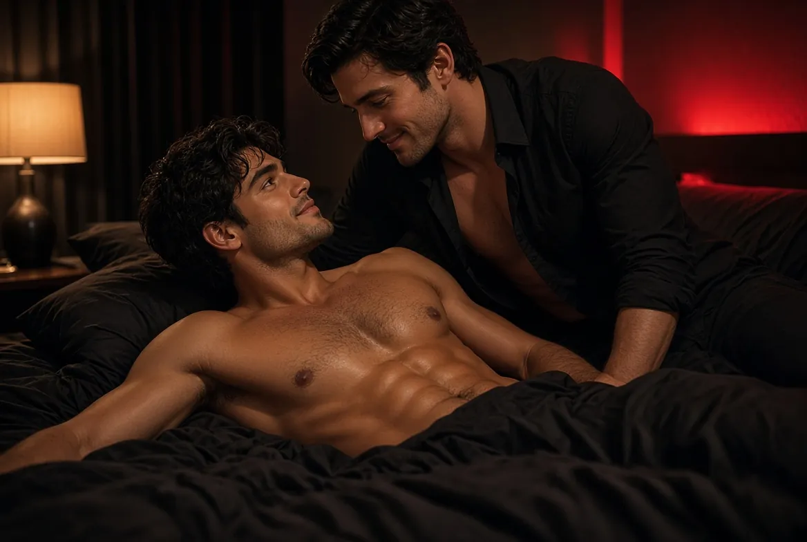 Two adult men together in a dark bedroom