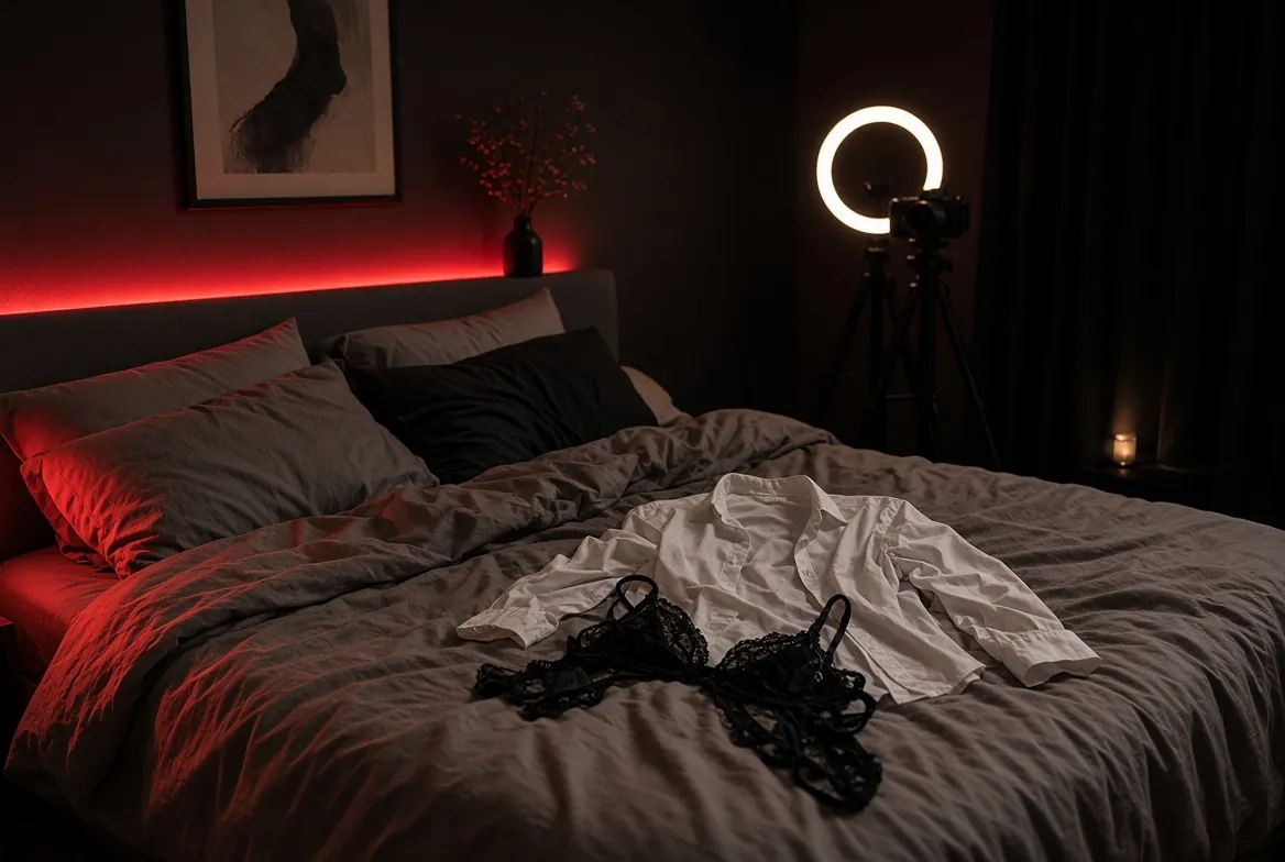 Bedroom creator setup with camera and ring light