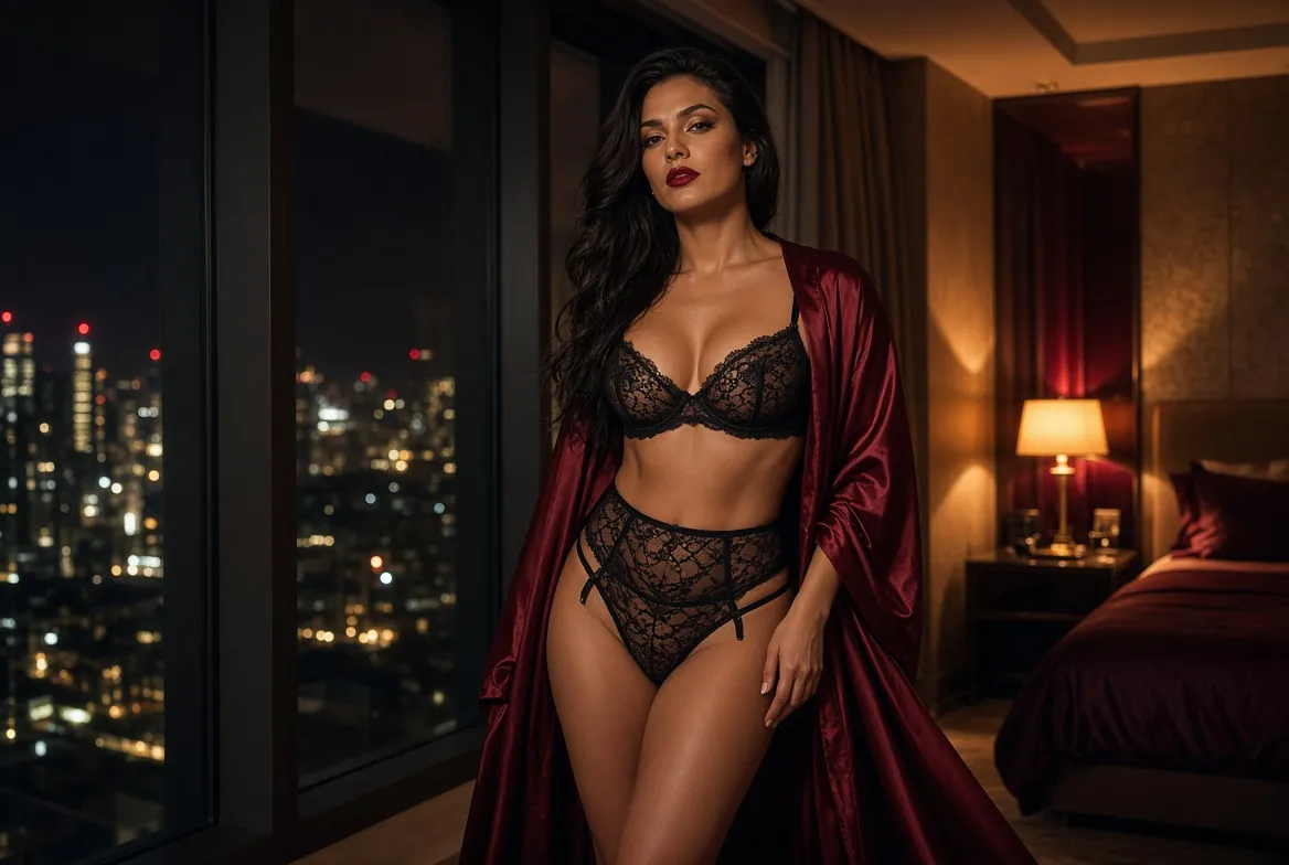 Glamorous adult woman in a burgundy robe