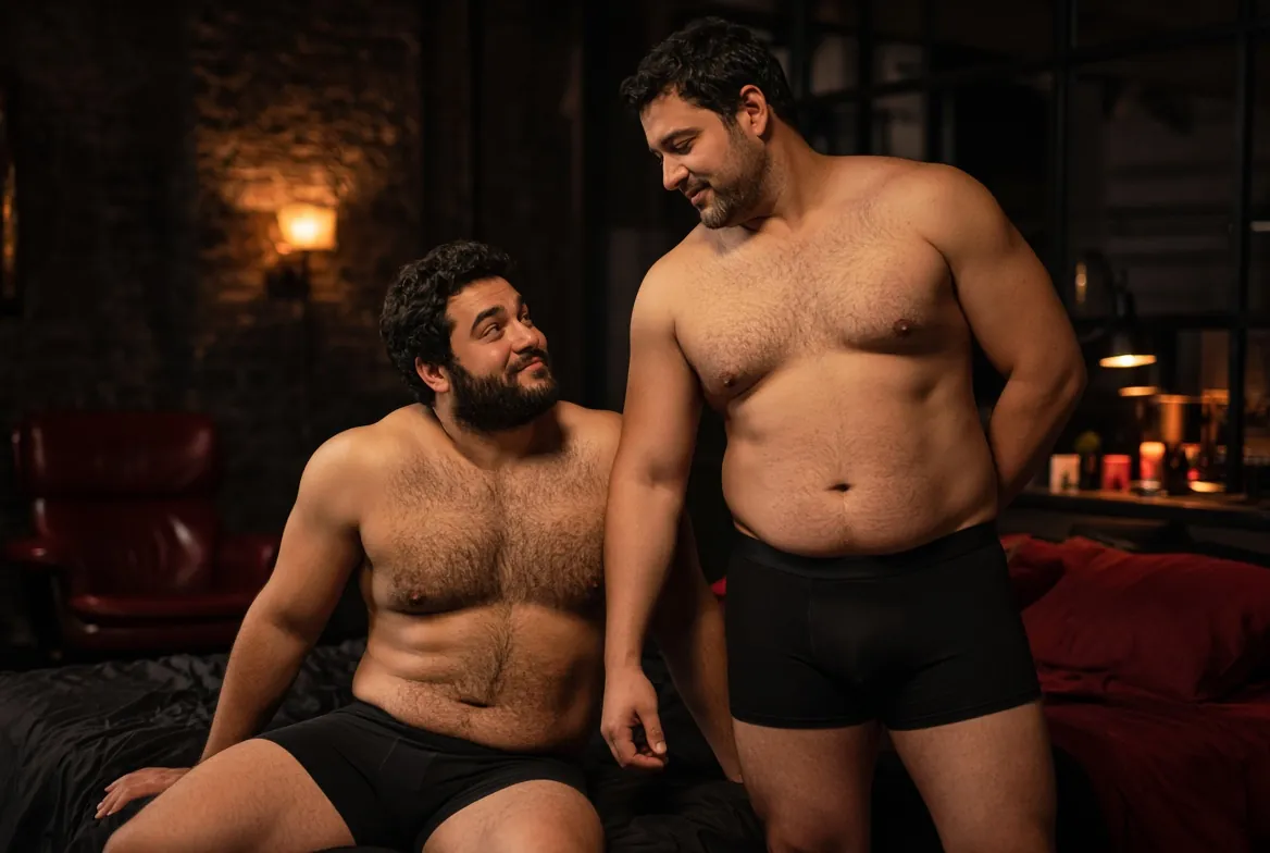 Two bigger adult men together in a dark loft bedroom