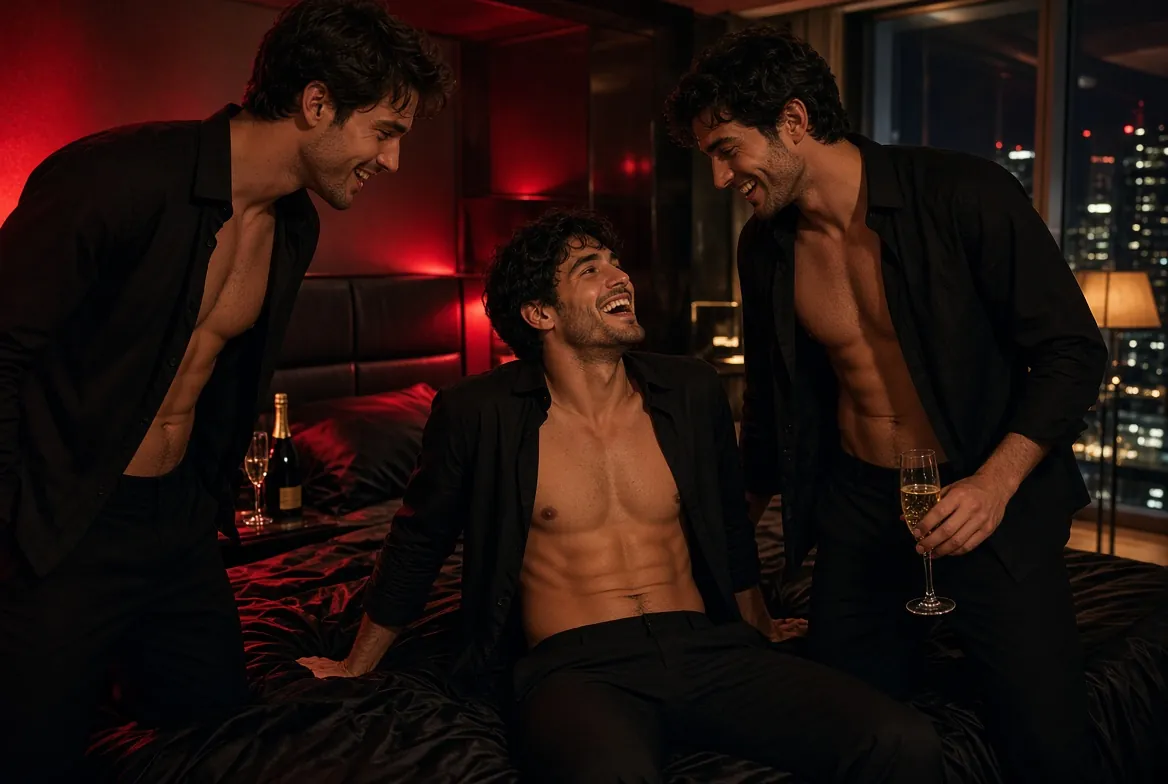 Three adult men in an upscale bedroom