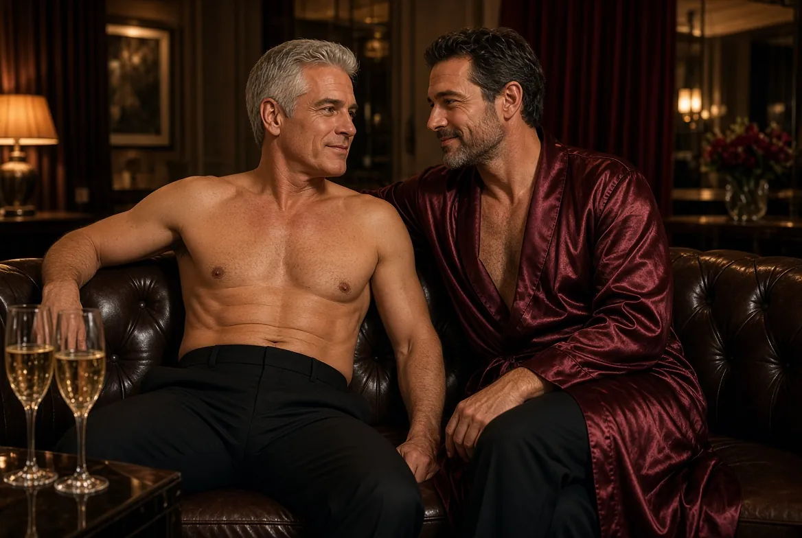 Two mature adult men together on a leather sofa